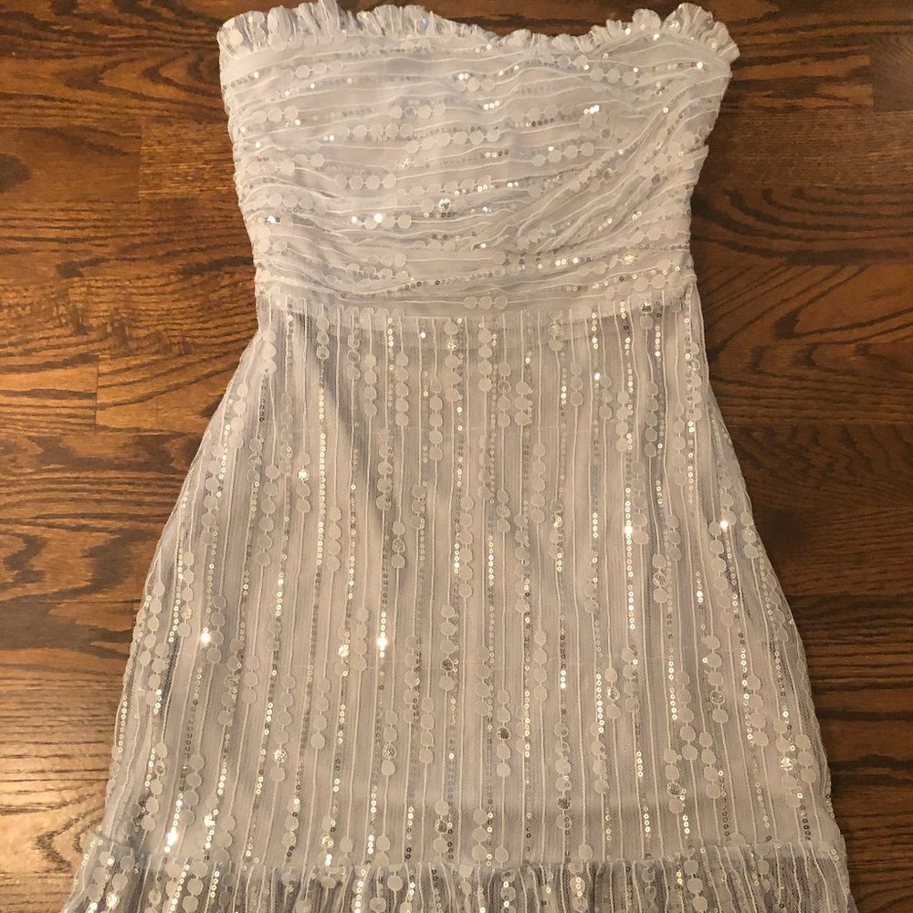 Lulu's Blue Lace Sequin Strapless Bodycon Mini Dress